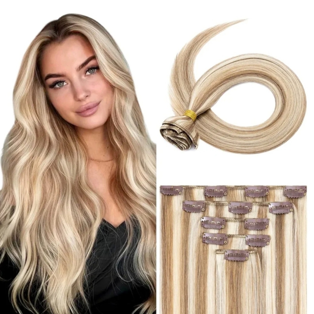 Clip In Human Hair Extensions 18 Inch 5 PCS 70G #12P613 Caramel Bleach Blonde